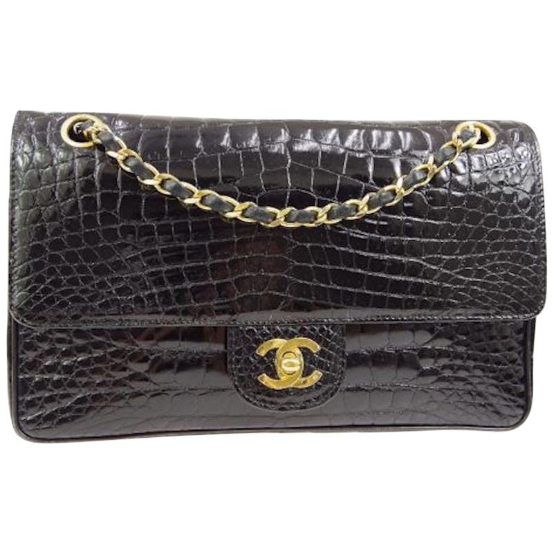 Chanel Black Crocodile Exotic Leather Gold Double Evening Shoulder Flap Bag