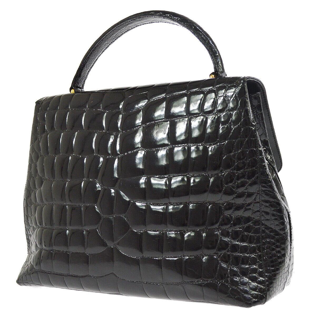 Chanel Black Crocodile Exotic Leather Gold Evening Kelly Top Handle Satchel Bag In Good Condition In Chicago, IL