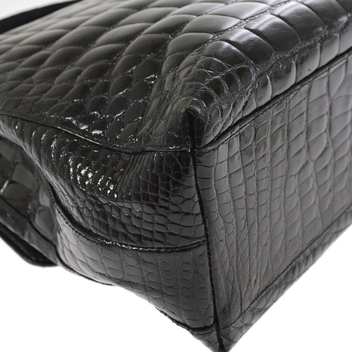 Women's Chanel Black Crocodile Exotic Leather Gold Evening Kelly Top Handle Satchel Bag