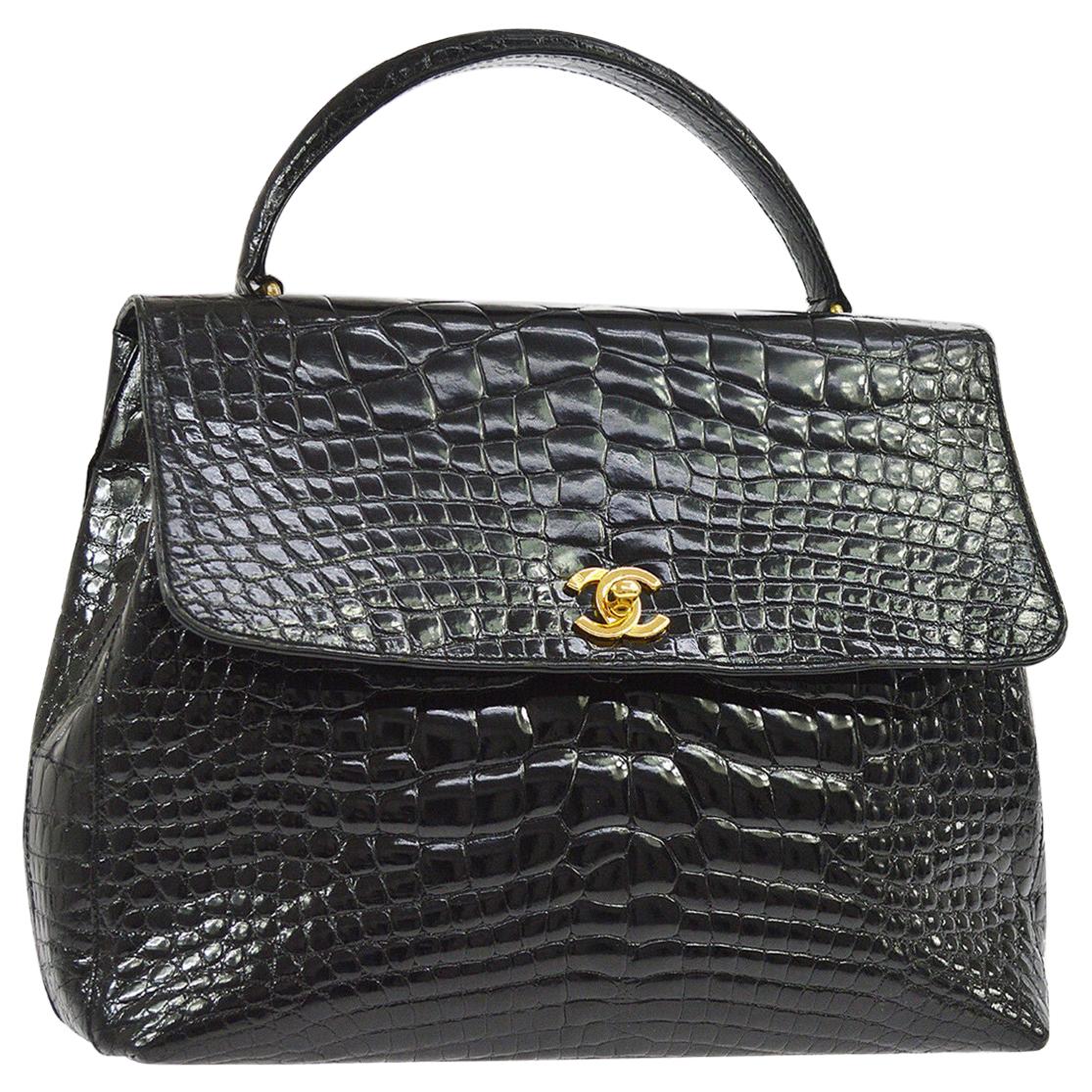 Chanel Black Crocodile Exotic Leather Gold Evening Kelly Top Handle Satchel Bag