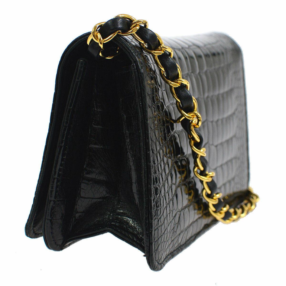 Chanel Black Crocodile Exotic Leather Gold Evening Shoulder Flap Bag in Box In Good Condition In Chicago, IL