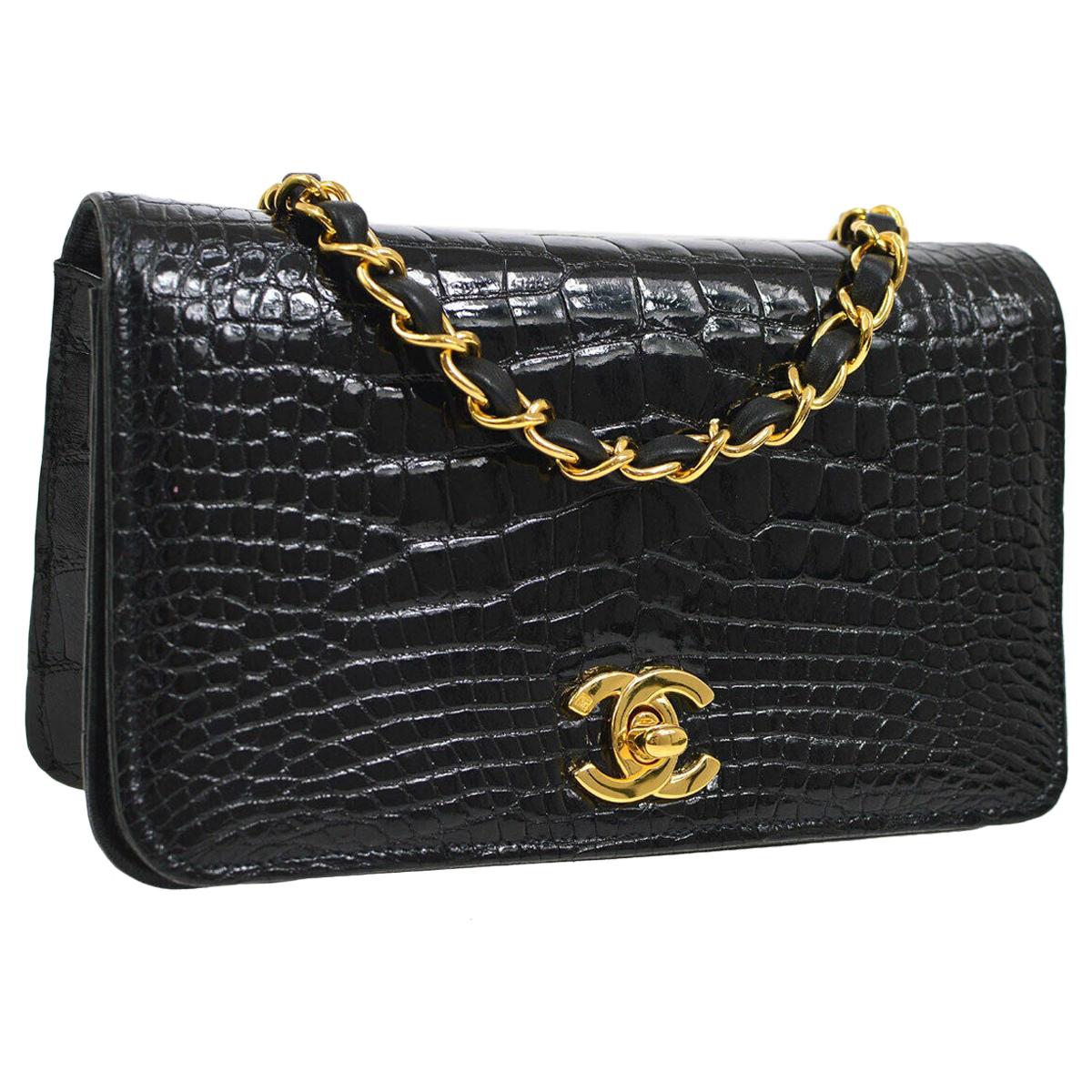 Chanel Black Crocodile Exotic Leather Gold Evening Shoulder Flap Bag in Box