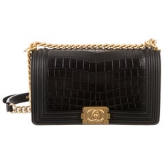 Chanel Black Crocodile Exotic Leather Gold Evening Shoulder Flap Bag in Box