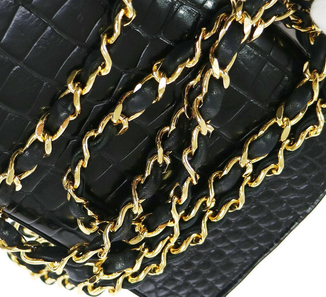 Chanel Rare Black Crocodile Leather Gold Evening Clutch Small Shoulder Flap Bag

Crocodile
Leather
Gold tone hardware
Leather lining
Made in France
Date code present 
Measures 7.5
