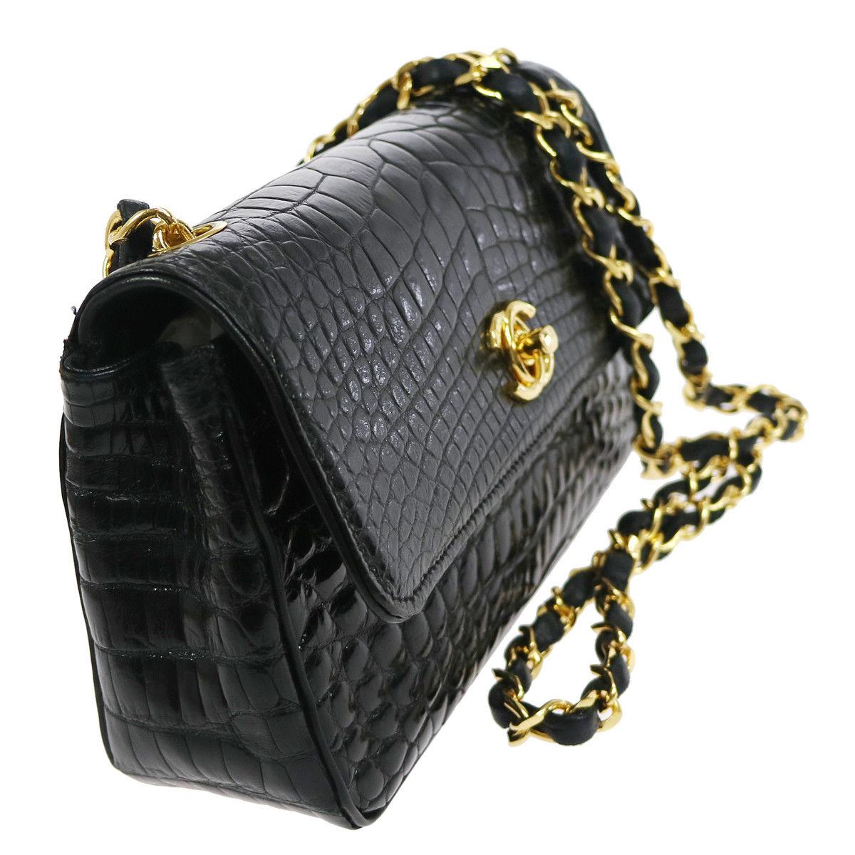 Chanel Black Crocodile Exotic Leather Gold Evening  Small Shoulder Flap Bag In Good Condition In Chicago, IL