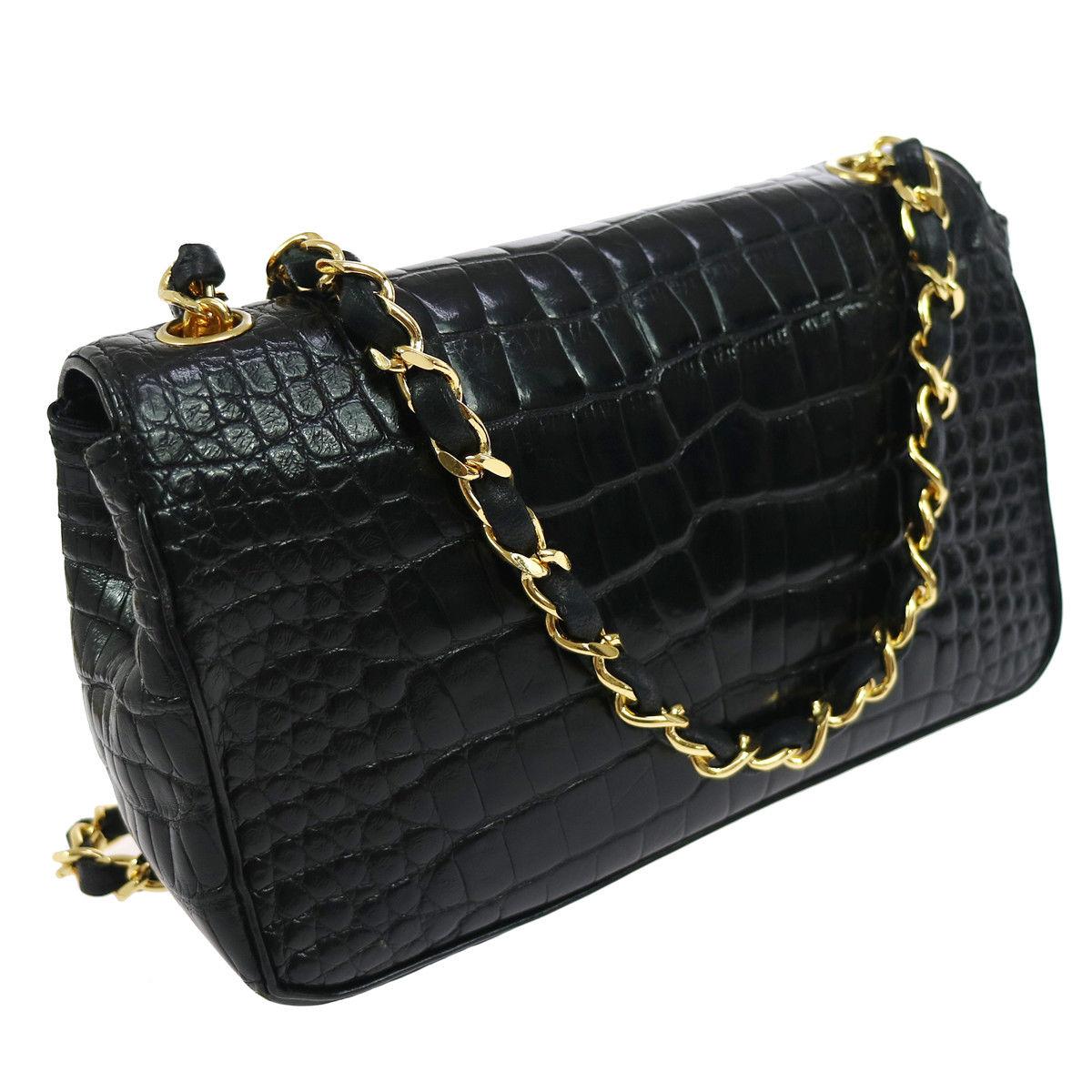 Chanel Black Crocodile Exotic Leather Gold Evening  Small Shoulder Flap Bag 1