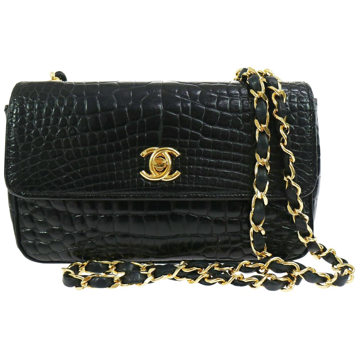 Chanel Black Crocodile Exotic Leather Gold Evening  Small Shoulder Flap Bag