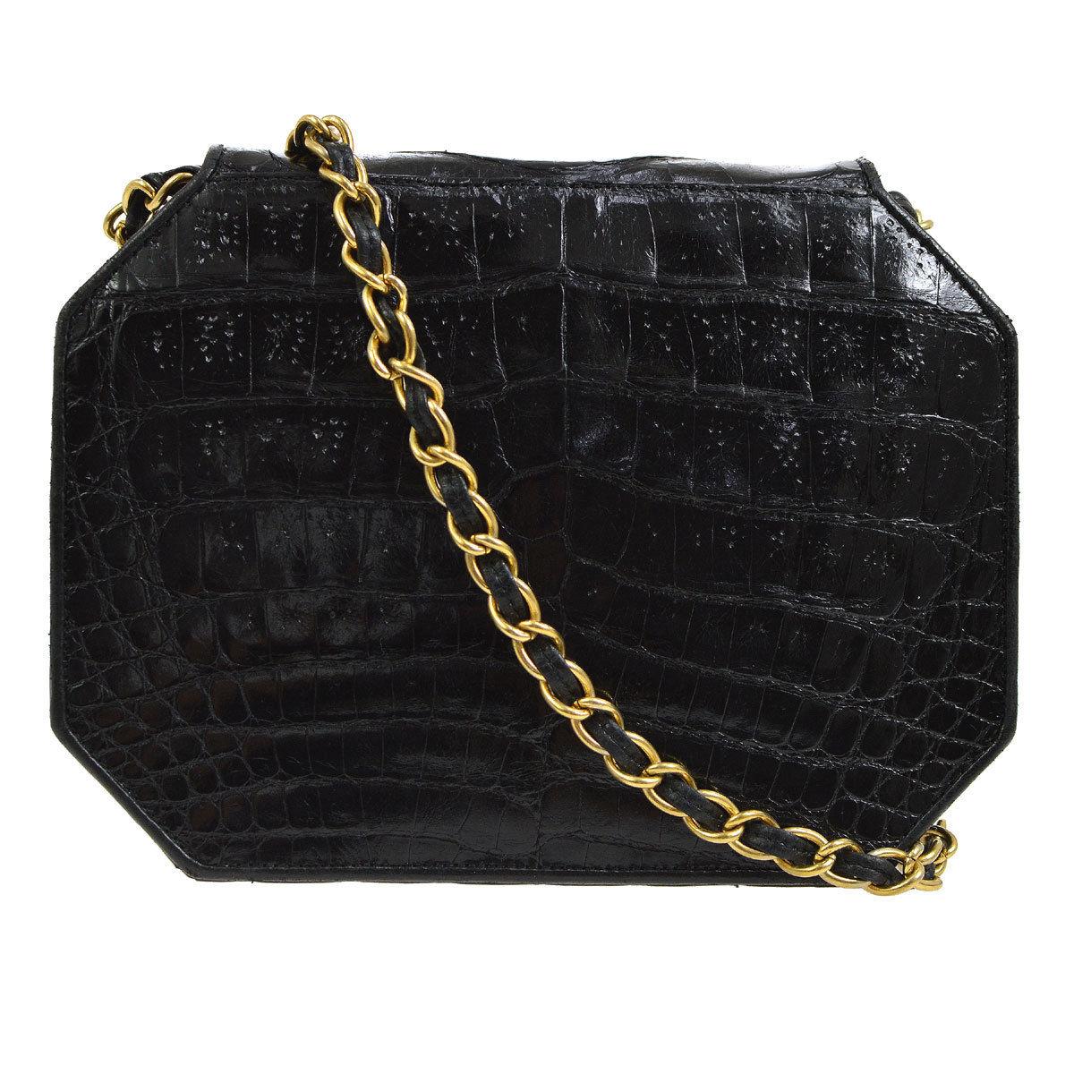 Women's Chanel Black Crocodile Exotic Leather Gold Small Mini Evening Shoulder Flap Bag