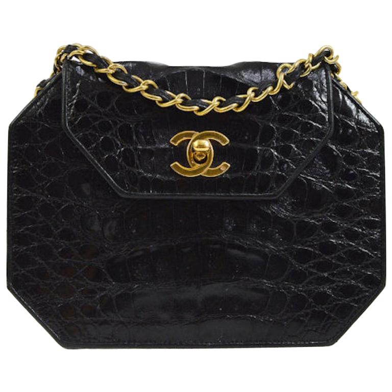 Chanel Black Crocodile Exotic Leather Gold Small Mini Evening Shoulder Flap Bag