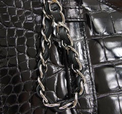 Chanel Black Crocodile Exotic Leather Silver Kelly Top Handle  Shoulder Bag