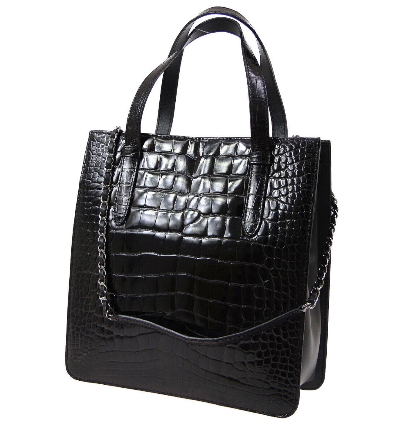 Chanel Black Crocodile Exotic Leather Silver Kelly Top Handle  Shoulder Bag  In Good Condition In Chicago, IL
