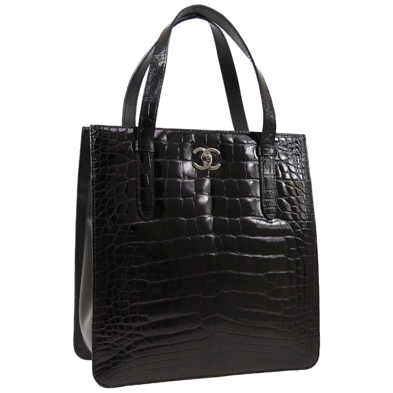 Chanel Black Crocodile Exotic Leather Silver Kelly Top Handle  Shoulder Bag 