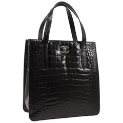 Chanel Black Crocodile Exotic Leather Silver Kelly Top Handle  Shoulder Bag 
