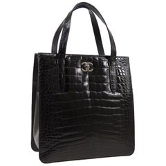 Chanel Black Crocodile Exotic Leather Silver Kelly Top Handle  Shoulder Bag