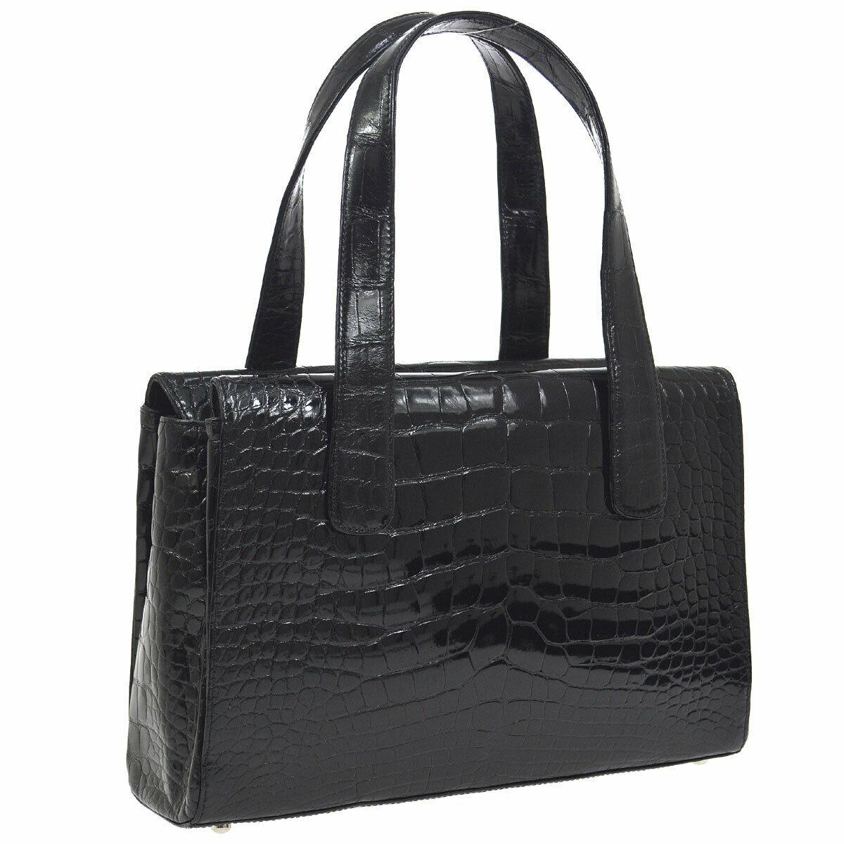 Women's Chanel Black Crocodile Exotic Leather Silver Top Handle Satchel Bag 