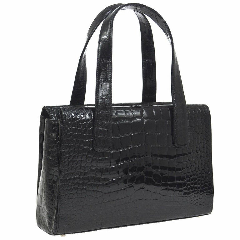 Chanel Black Crocodile Exotic Leather Silver Top Handle Satchel Bag at ...