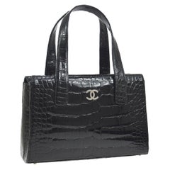 Chanel Black Crocodile Exotic Leather Silver Top Handle Satchel Bag