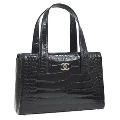 Chanel Black Crocodile Exotic Leather Silver Top Handle Satchel Bag