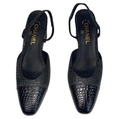 Chanel Black Crocodile Leather & Grosgrain Slingback Sandals