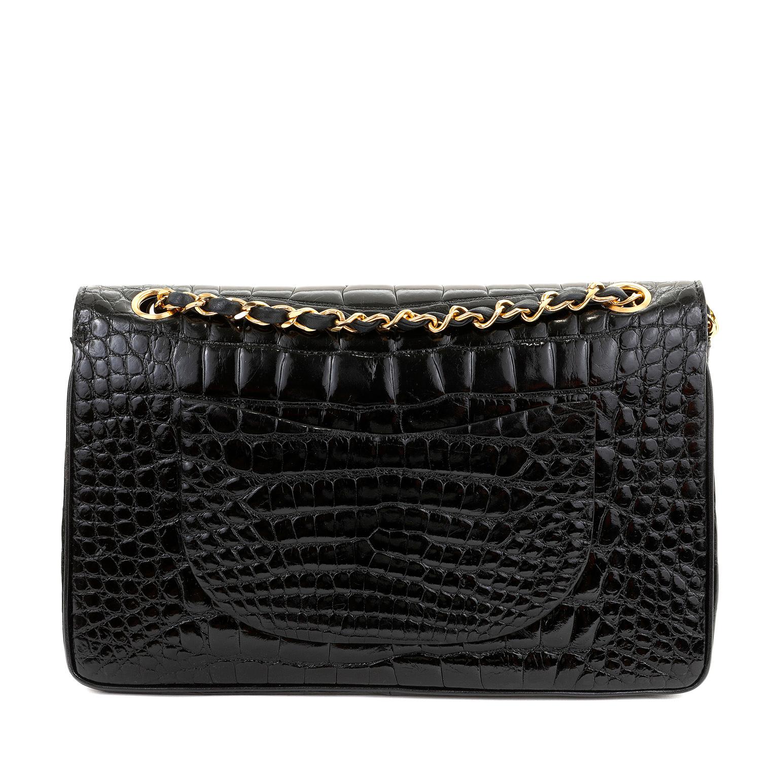 Chanel Black Crocodile Medium Classic Flap with Gold Hardware In Excellent Condition In Palm Beach, FL