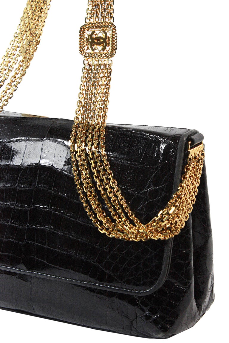 Vintage 90s CHANEL CC Black Satin Quilted W Gold Chains & 