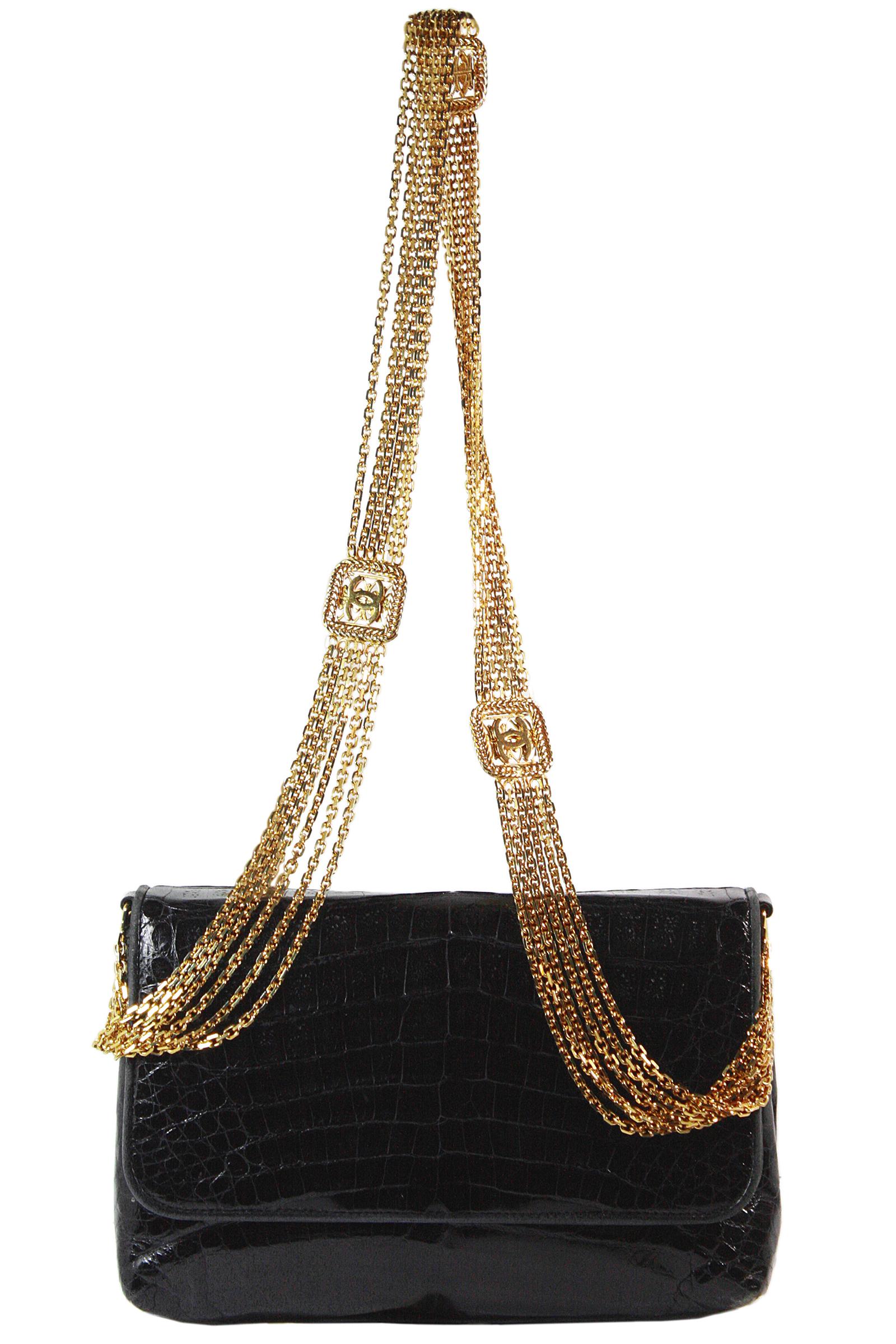 Chanel Black Crocodile Shoulder Bag with Gold Multi-Strand Chain Strap In Good Condition In Los Angeles, CA