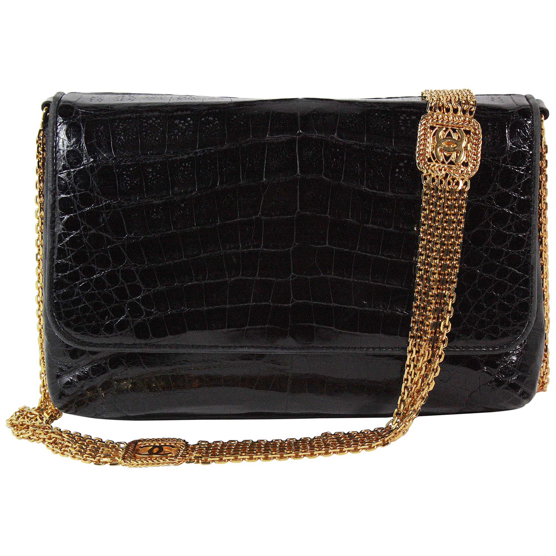 Chanel Black Crocodile Shoulder Bag with Gold Multi-Strand Chain Strap