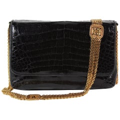 Vintage Chanel Black Crocodile Shoulder Bag with Gold Multi-Strand Chain Strap