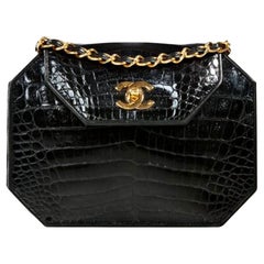 Chanel Black Crocodile Skin 80's Gold Cc Closure Bag
