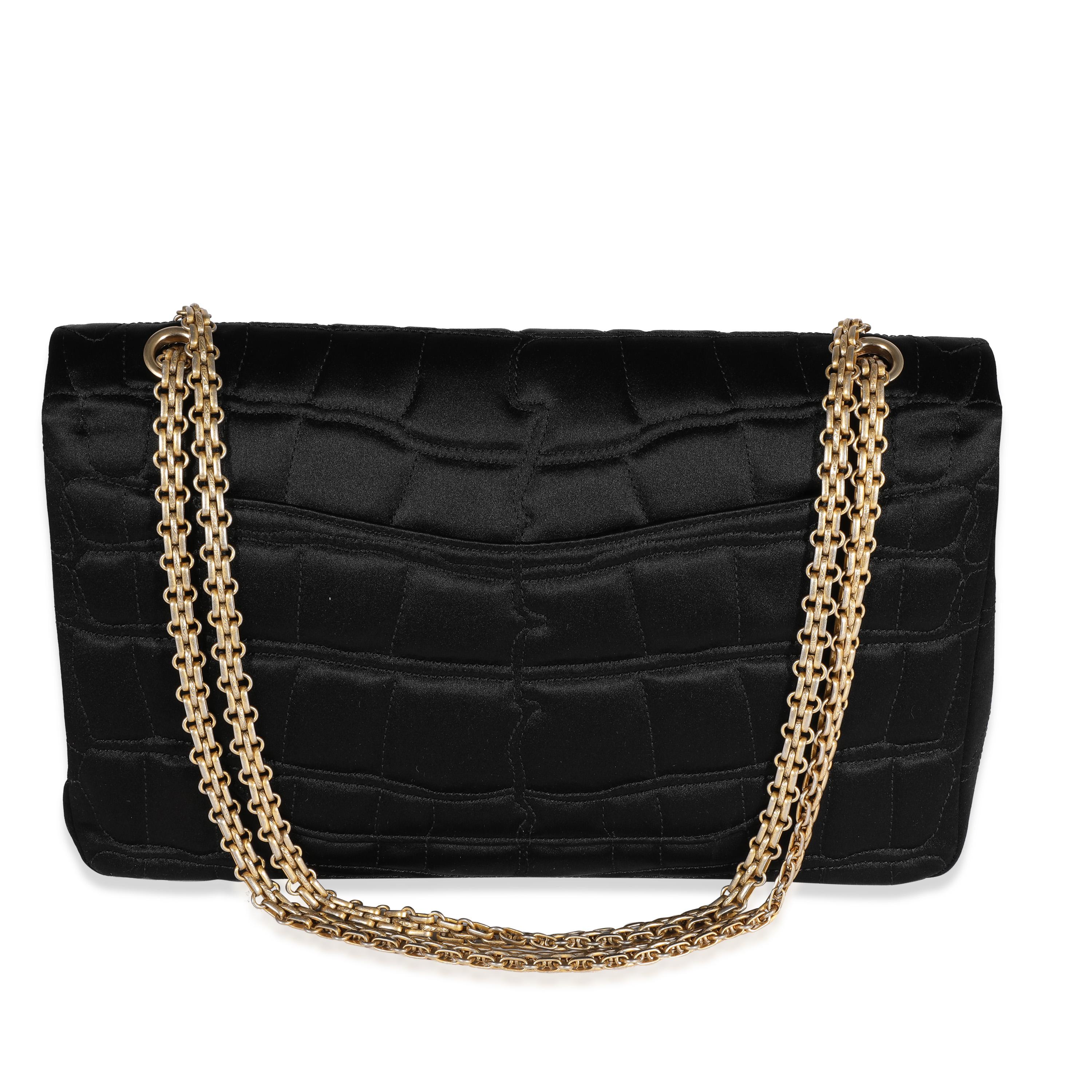 Chanel Black Crocodile Stitch Satin Reissue 2.55 227 Double Flap Bag In Good Condition For Sale In New York, NY