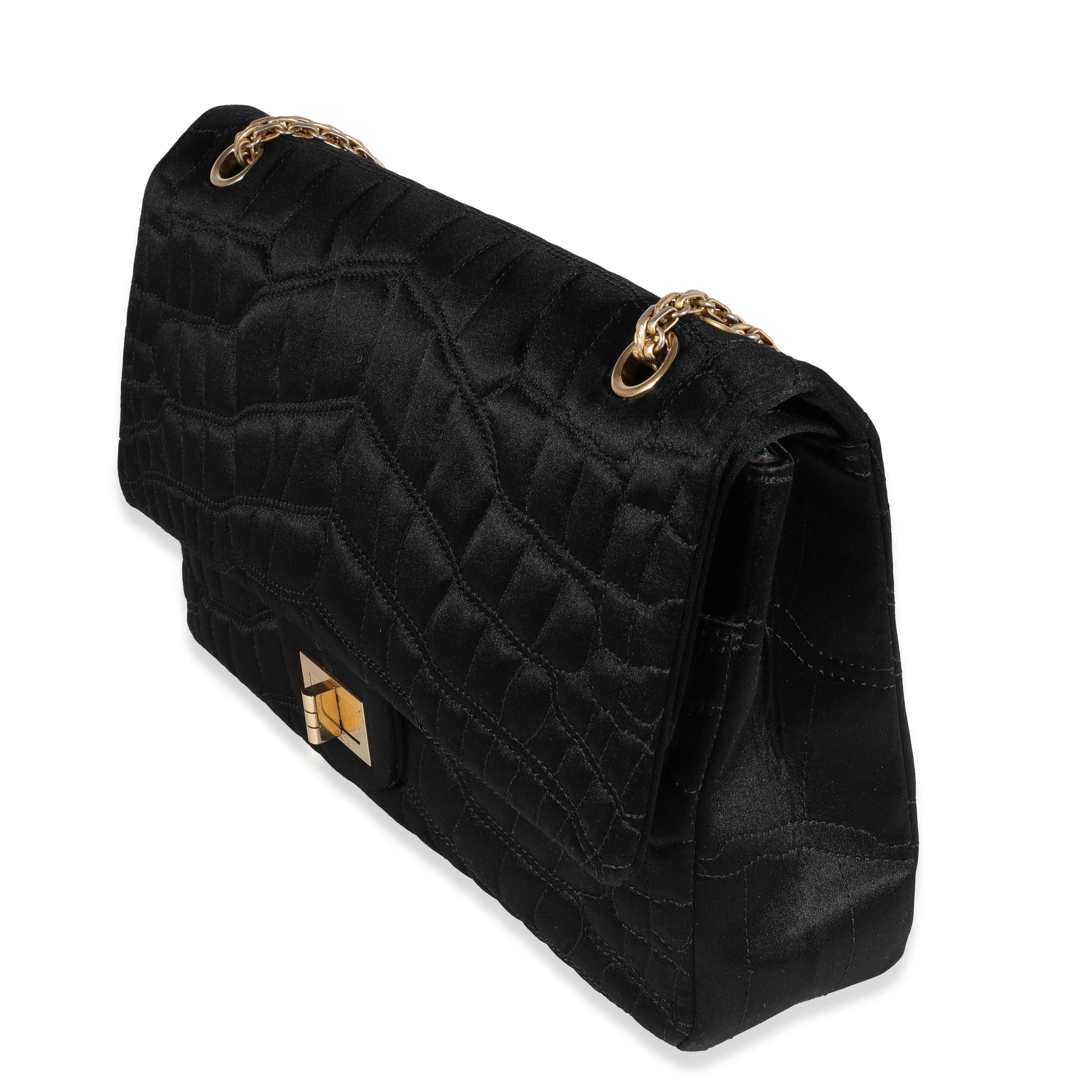 Women's Chanel Black Crocodile Stitch Satin Reissue 2.55 227 Double Flap Bag For Sale