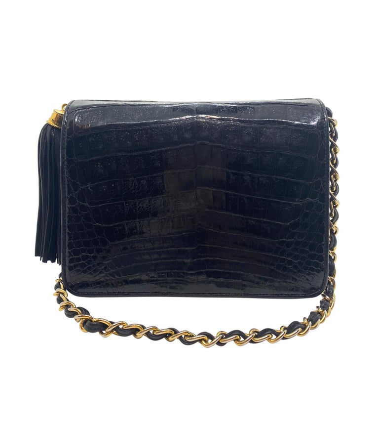 Chanel Black Crocodile Vintage Camera Tassel Bag with Gold Hardware at ...