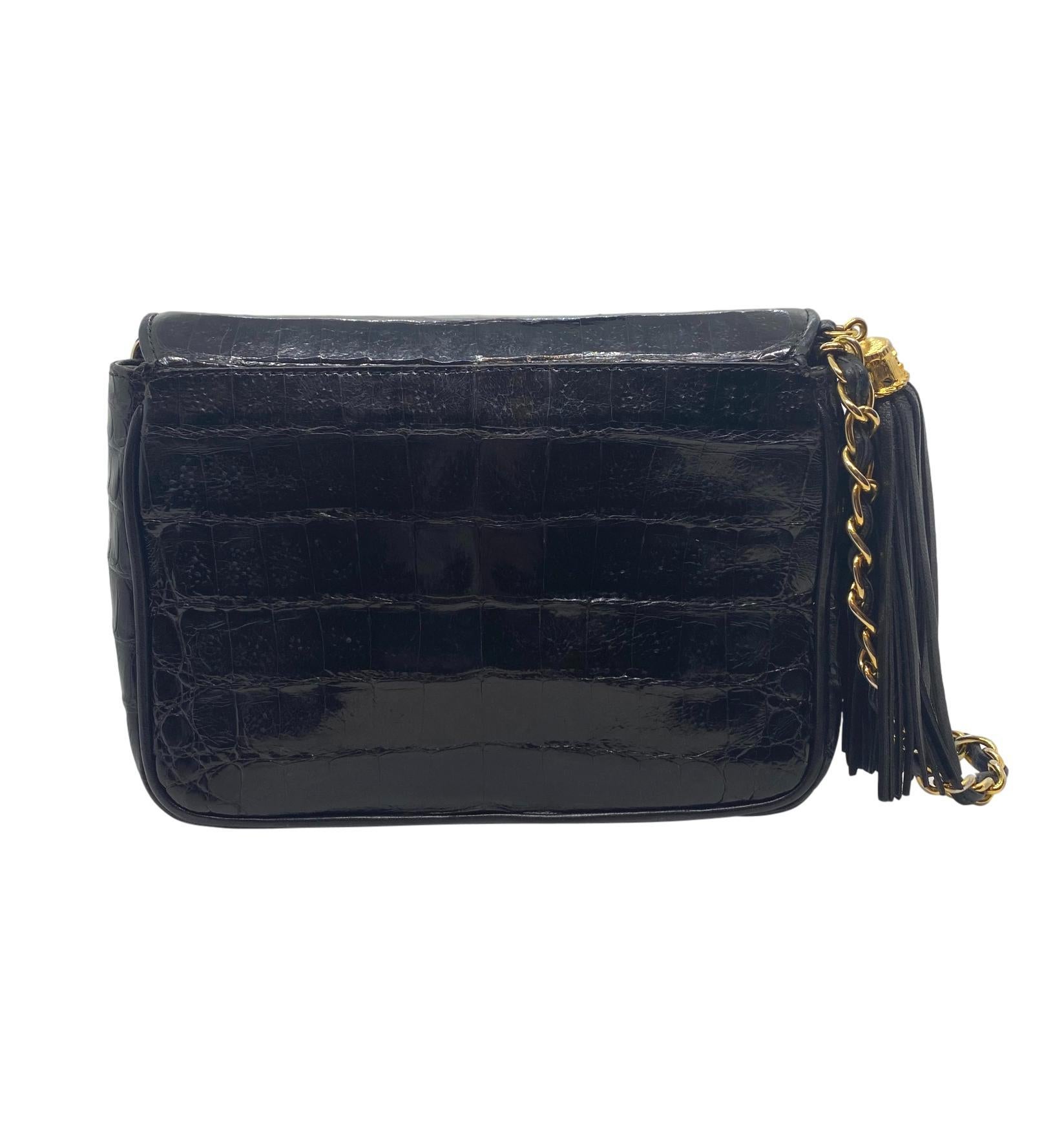 Chanel Black Crocodile Vintage Camera Tassel Bag with Gold Hardware In Good Condition In Banner Elk, NC