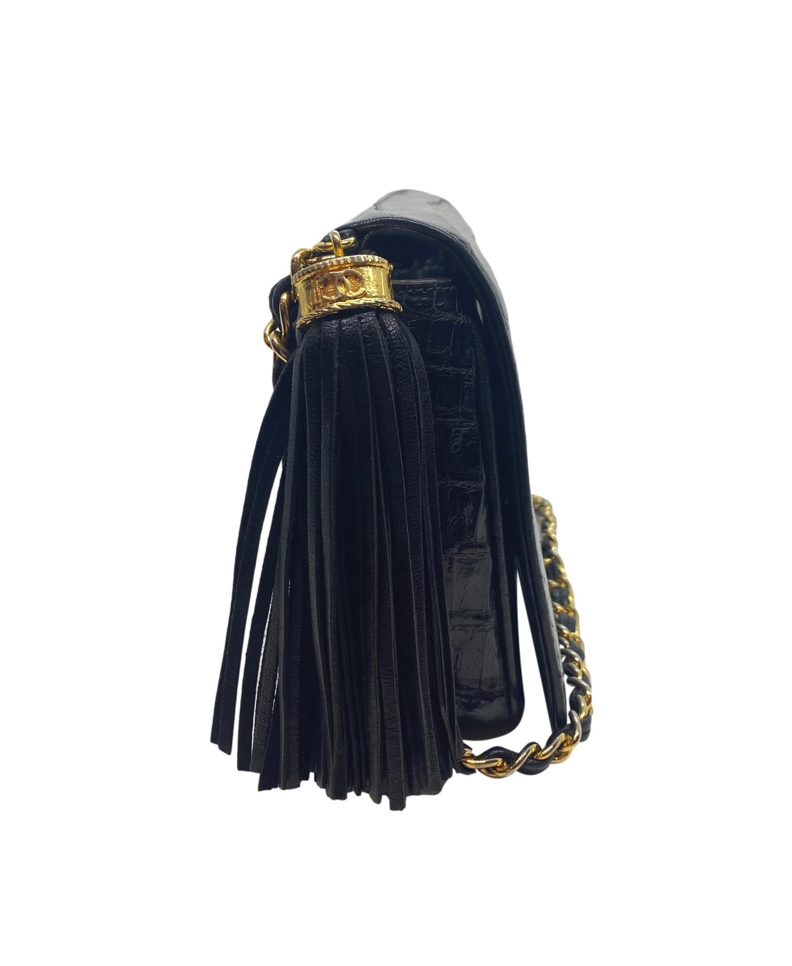 Women's or Men's Chanel Black Crocodile Vintage Camera Tassel Bag with Gold Hardware