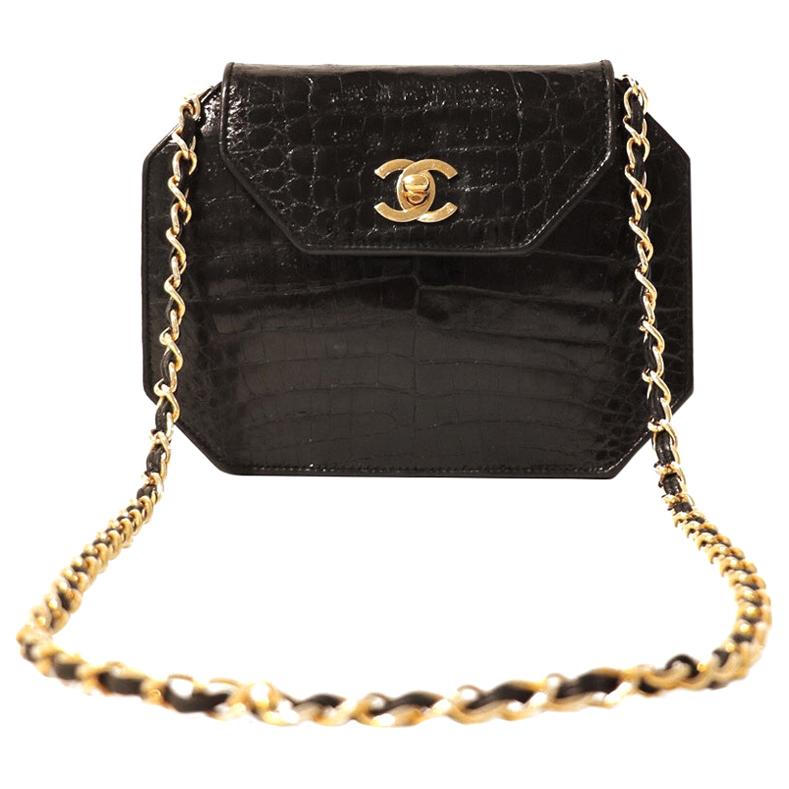 Chanel Black Crocodile Vintage Octagonal Flap Bag at 1stDibs
