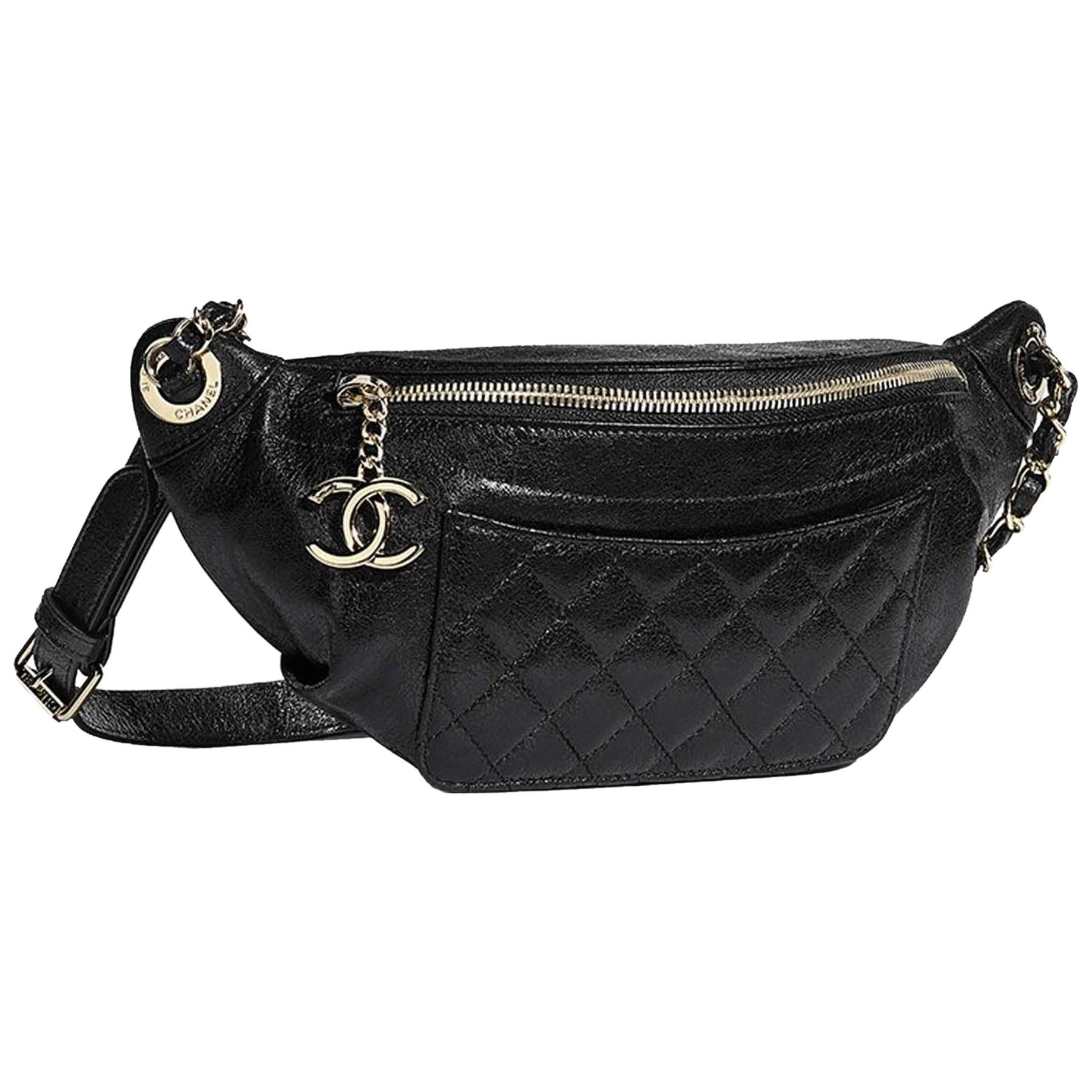 Chanel Black Crumpled Calfskin Bi Quilted Waist Bag Fanny Pack For Sale at  1stDibs