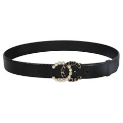 Chanel Black Crumpled Calfskin Pearl CC Buckle Belt 85/34