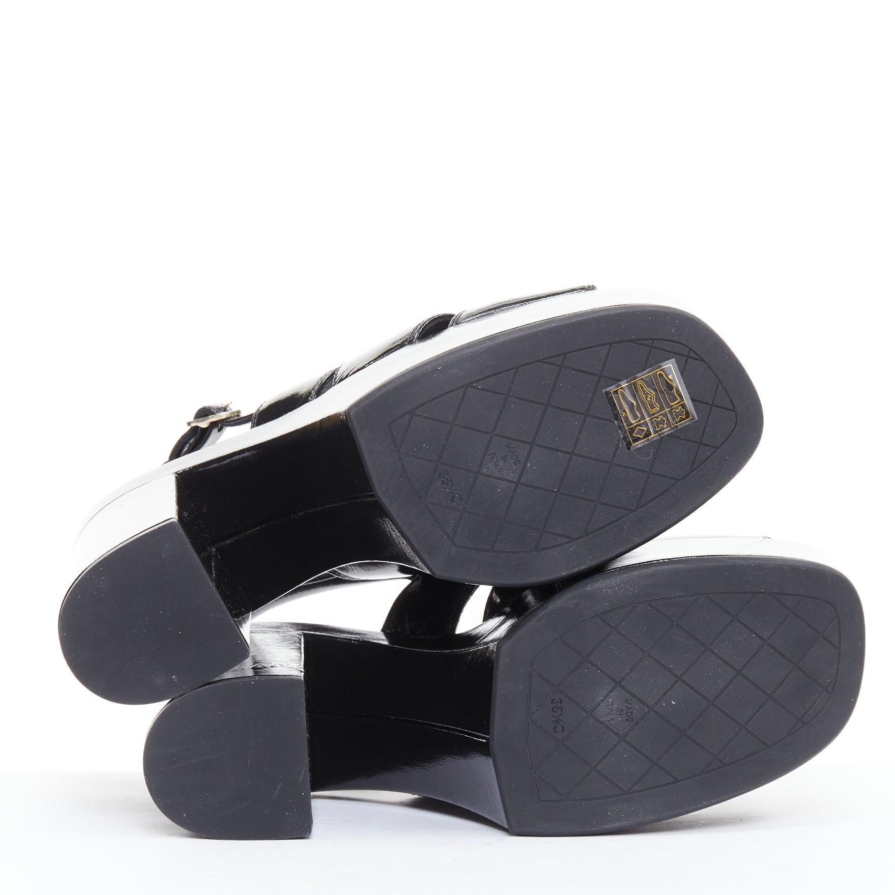 CHANEL black crumpled patent gold CC logo platforms sandals EU38.5 6