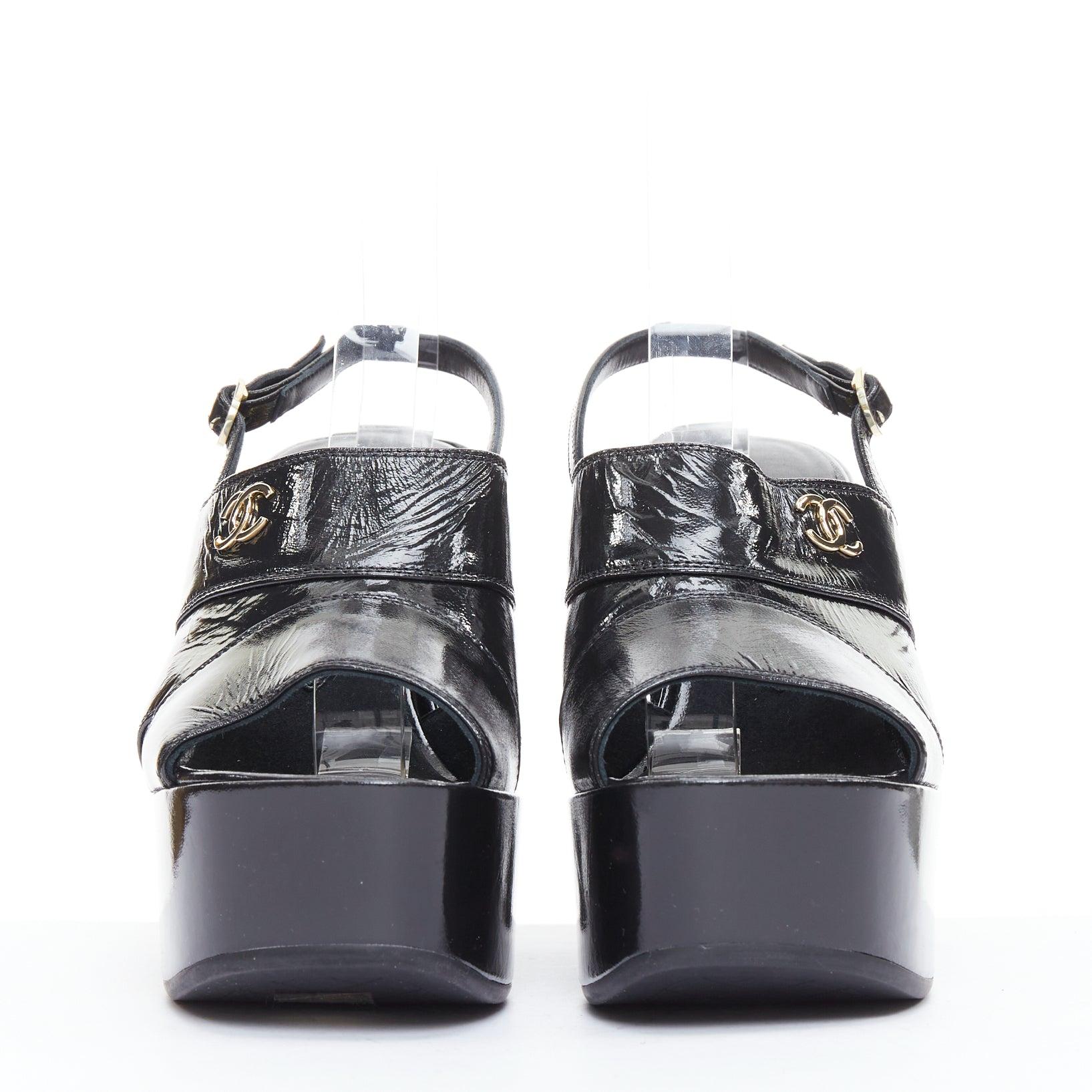 Gray CHANEL black crumpled patent gold CC logo platforms sandals EU38.5