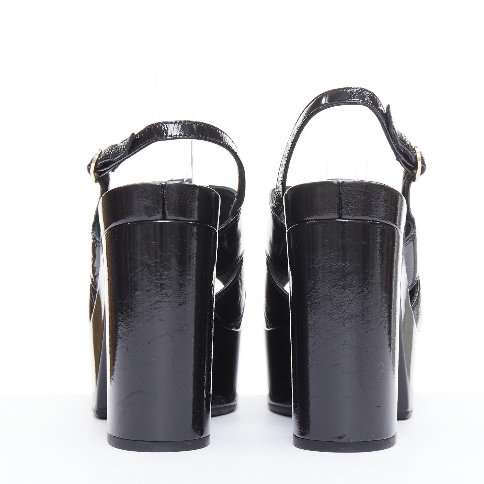 Women's CHANEL black crumpled patent gold CC logo platforms sandals EU38.5