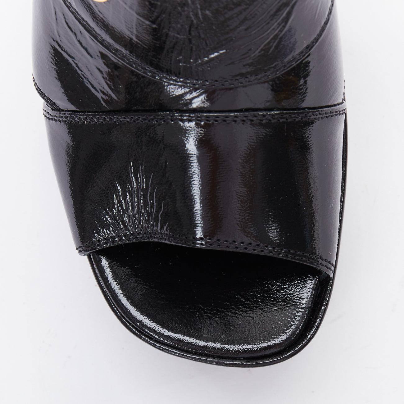 CHANEL black crumpled patent gold CC logo platforms sandals EU38.5 1