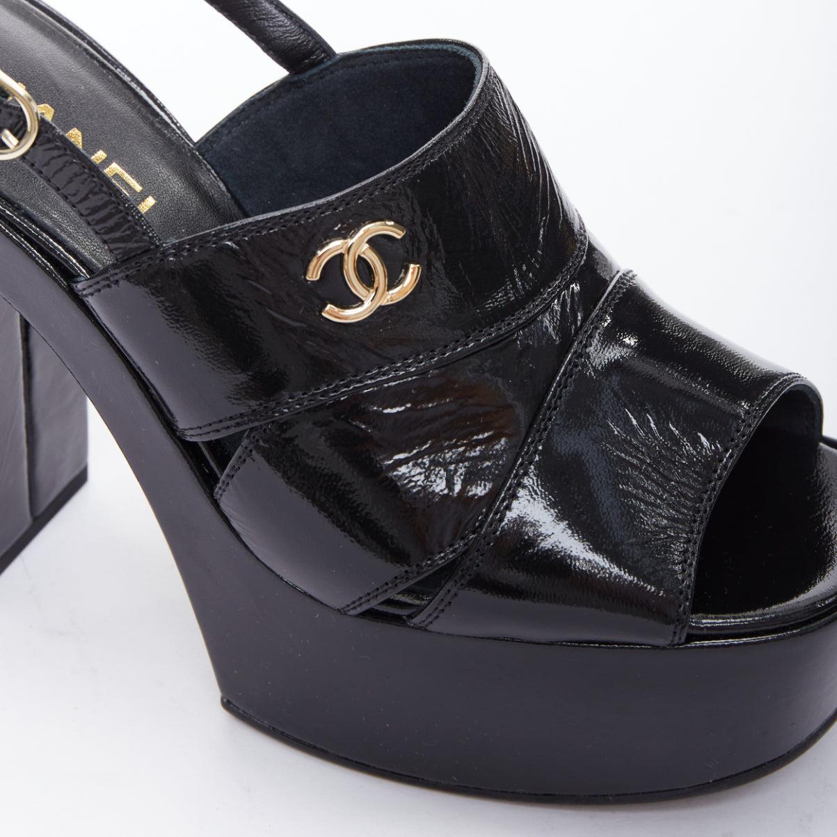 CHANEL black crumpled patent gold CC logo platforms sandals EU38.5 2