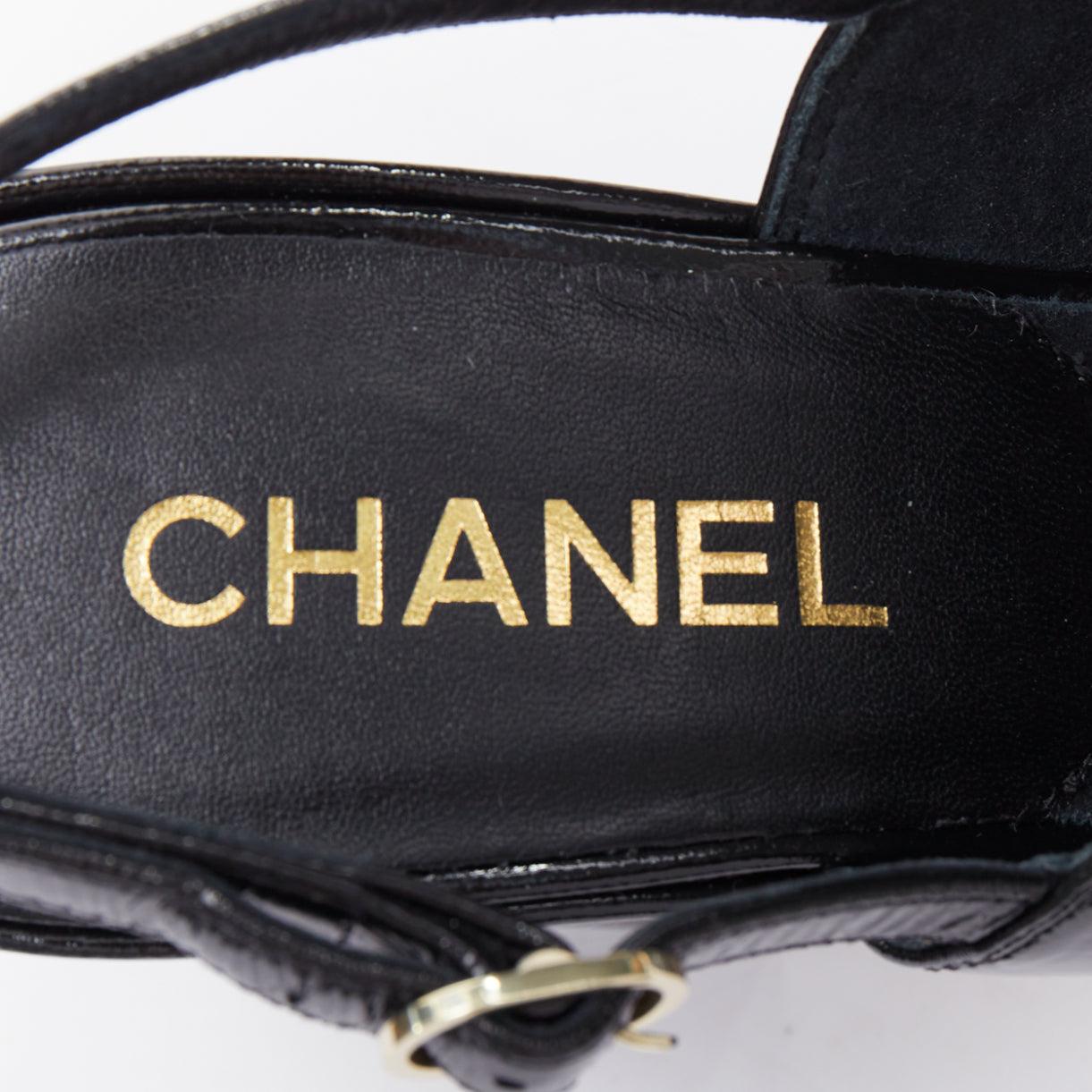 CHANEL black crumpled patent gold CC logo platforms sandals EU38.5 4