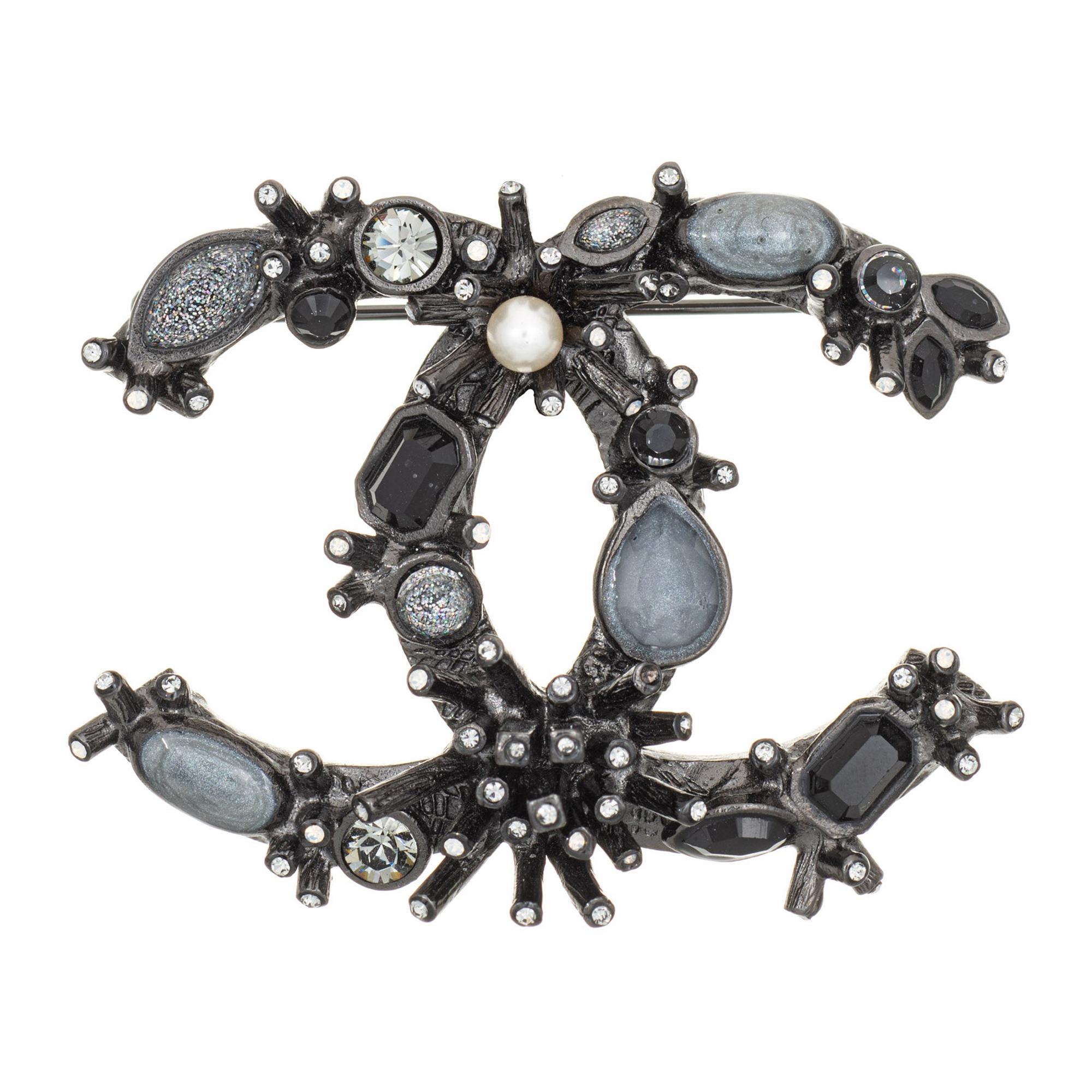 Chanel Black Crystal Brooch c2012 Abstract Gothic Black Tone