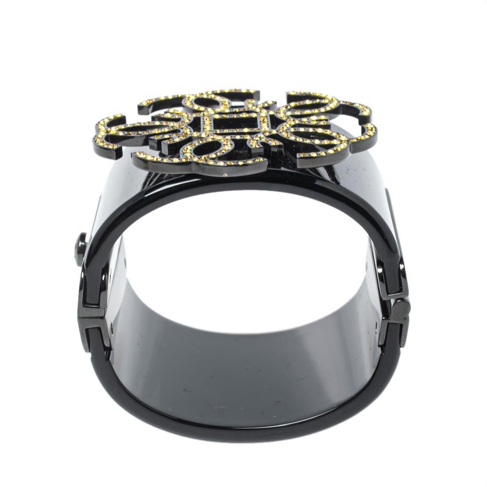 Contemporary Chanel Black Crystal CC Motif Wide Cuff Bracelet