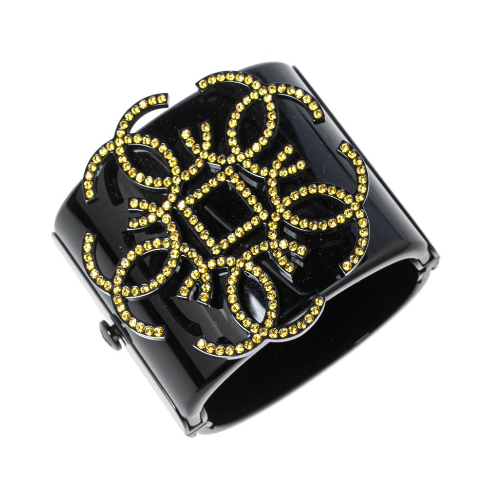 Women's Chanel Black Crystal CC Motif Wide Cuff Bracelet