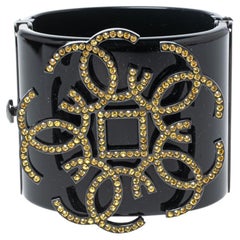 Chanel Black Crystal CC Motif Wide Cuff Bracelet