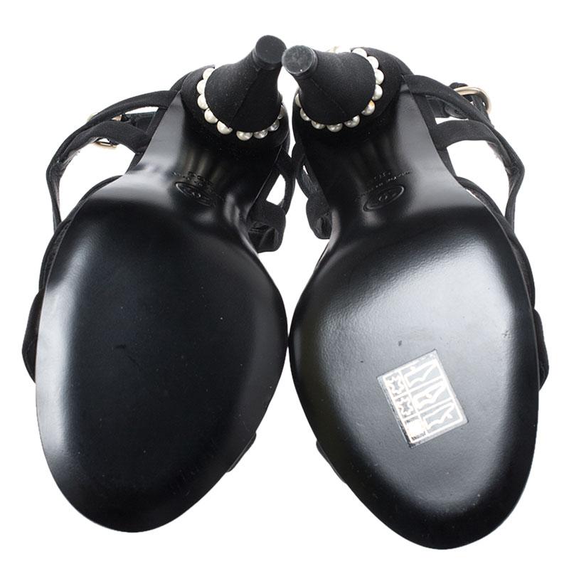 Chanel Black Crystal Embellished Satin Strappy Pearl Heel Sandals Size 36 2