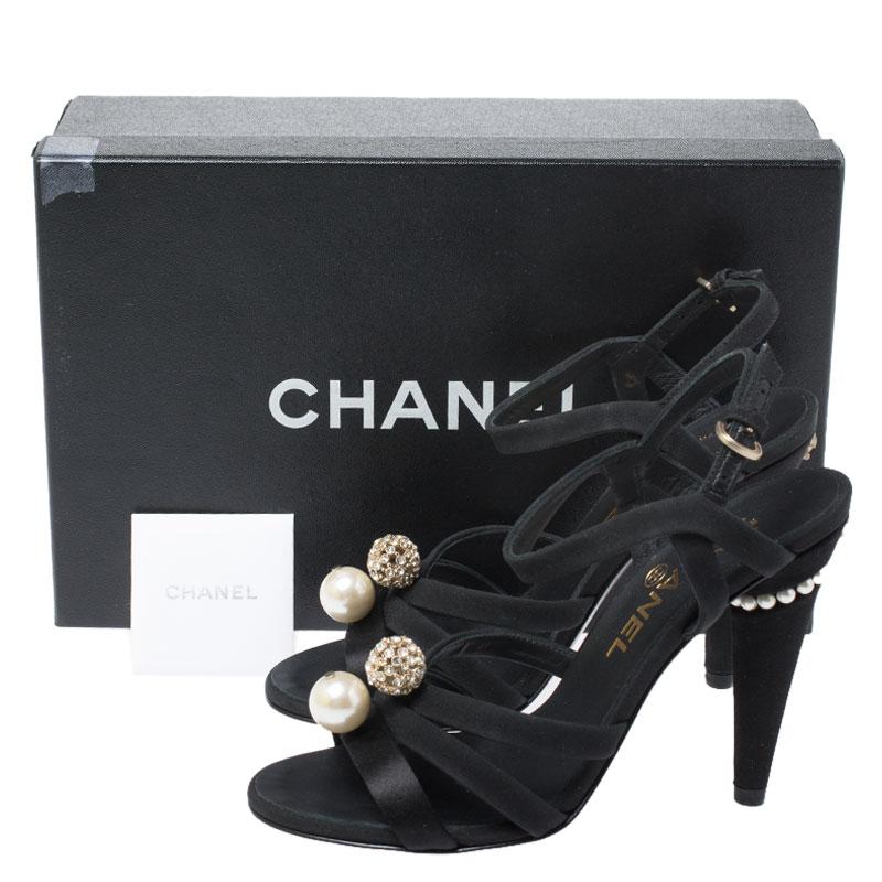 Chanel Black Crystal Embellished Satin Strappy Pearl Heel Sandals Size 36 3