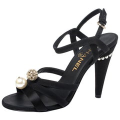 Chanel Black Crystal Embellished Satin Strappy Pearl Heel Sandals Size 36
